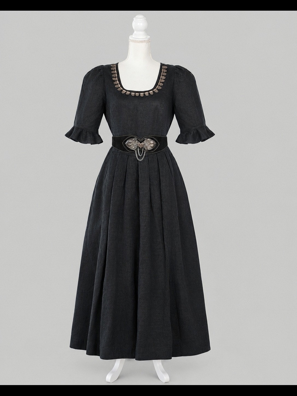 Vintage Black Maxi Linen Dress with Belt, Gothic, Medieval, Cottagecore - Picture 7 of 12